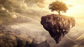 A tree is floating on top of a mountain photo