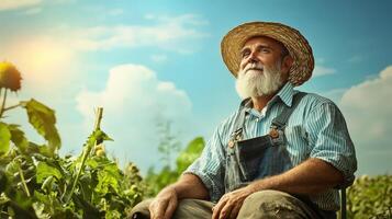 An old man sitting in a field with sunflowers photo