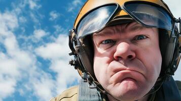 A man in a pilot's helmet with a serious expression photo