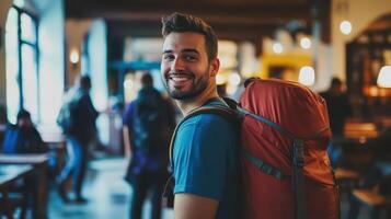 A man with a backpack smiles while standing in a restaurant photo
