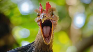 A close up of a rooster with its mouth open photo