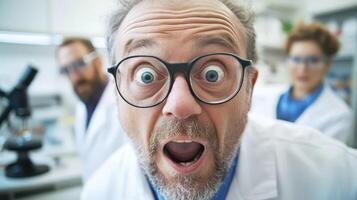 A man in a lab coat with a surprised look on his face photo