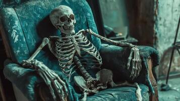 A skeleton sitting in a chair in an old house photo