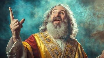 A man with a long beard and a yellow robe is pointing photo