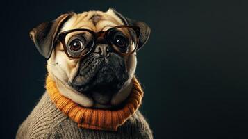 A pug dog wearing glasses and a sweater photo