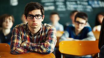 A man in glasses sitting at a desk in front of a classroom photo