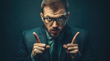 A man in glasses and a suit is making a gesture with his hands photo