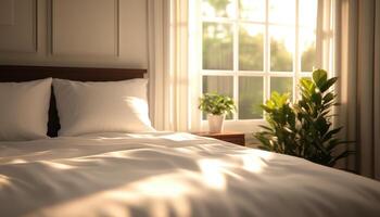 Cozy and modern bedroom with beautiful bed set, sunlight streaming in, and plants adding fresh touch photo