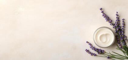 Luxurious cream in jar with lavender flowers on soft background, evoking relaxation and natural beauty photo