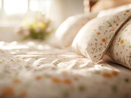 dreamy and serene bedroom scene with floral bedding and soft light photo