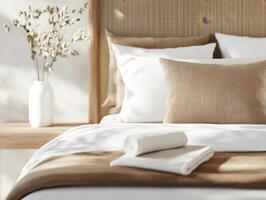 serene bedroom scene featuring neatly made bed with soft pillows and cozy blanket, complemented by decorative vase photo