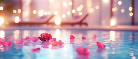 Aesthetic spa scene with floating rose petals in tranquil water, creating serene atmosphere photo