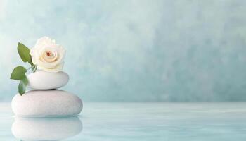 serene minimalist spa setting featuring white rose atop smooth stones, evoking tranquility and relaxation photo