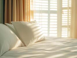 Cozy and minimalist bedroom with soft pillows and warm sunlight streaming through curtains, creating serene atmosphere photo