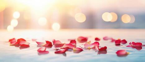 serene spa scene featuring floating rose petals on water, creating tranquil atmosphere. soft bokeh effect enhances calming vibe photo