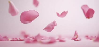 Gently falling pink rose petals create serene and romantic atmosphere photo