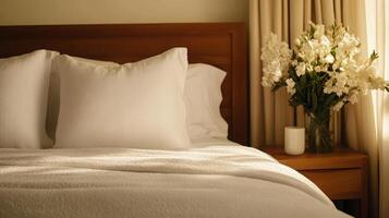 Cozy bedroom with soft white bedding, elegant flowers, and warm light photo