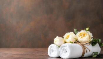Soft white towels are elegantly arranged with fresh white roses, creating serene and inviting atmosphere photo