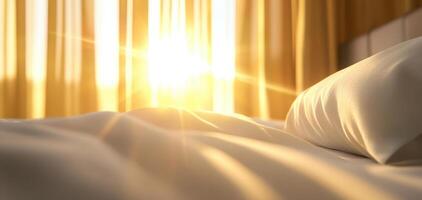 serene bedroom scene with sunlight streaming through sheer curtains, illuminating soft bed photo