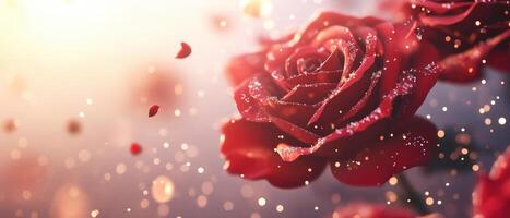 Deep red roses with soft bokeh and golden light create romantic atmosphere. petals shimmer gently, enhancing beauty of nature photo
