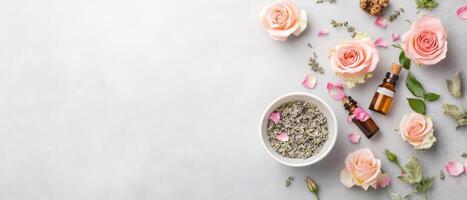 Aesthetic spa arrangement with fresh roses, essential oils, and herbs. This calming setup evokes relaxation and tranquility photo