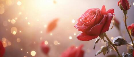 Deep red roses illuminated by golden light create soft bokeh effect, evoking romance and beauty photo