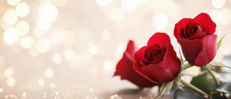 Deep red roses with soft bokeh background create romantic atmosphere photo