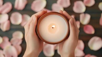 serene spa scene featuring lit candle held gently in hands, surrounded by soft pink rose petals, creating calming atmosphere photo