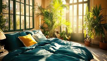 cozy bedroom with vibrant blue bedspread, bright yellow pillows, and lush green plants, illuminated by warm sunlight streaming through large photo