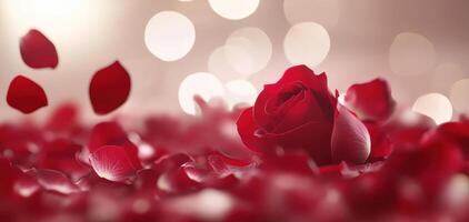 close up shot of beautiful red rose surrounded by falling rose petals, creating romantic atmosphere photo