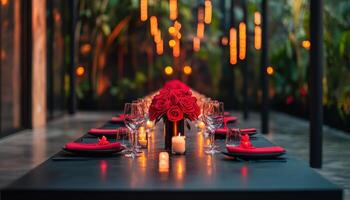 romantic dinner setup featuring red roses, candles, and elegant tableware, creating warm and inviting atmosphere photo