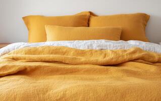 Cozy and inviting bed with warm yellow and white color palette, perfect for relaxation photo