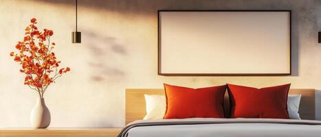 Elegant and stylish bed with mix of textures, featuring orange pillows and decorative vase photo
