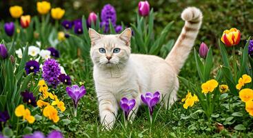 A white cat walking through a field of flowers photo