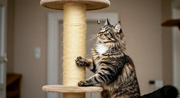 A cat playing with a scratching post photo