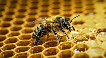A Honey Bee Inside a Honeycomb Cell Working With Wax and Honey photo