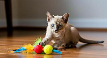 A siamese kitten playing with a toy on the floor photo