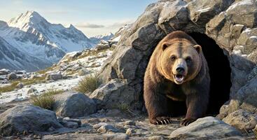 A brown bear is standing in a cave photo