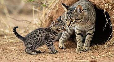 A cat and kitten are standing near a hole photo