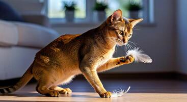 A cat playing with a feather on the floor photo