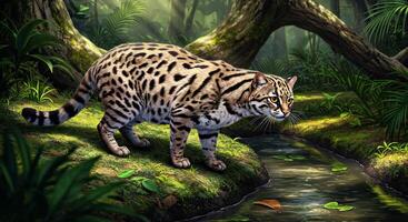 A cat walking along a stream in a forest photo