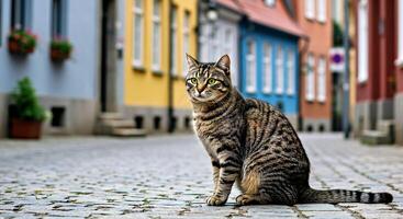 A cat sitting on the cobblestone street in front of colorful buildings photo