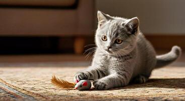 A cat playing with a toy on the floor photo