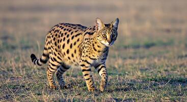 A cat walking across a field in the middle of the day photo