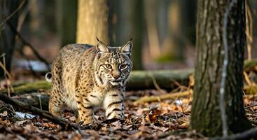 A Bobcat Stalking Its Prey E.G. a Rabbit or a Squirrel in a Dense Forest photo