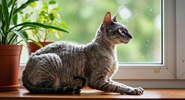 A gray cat sitting on a window sill looking out photo