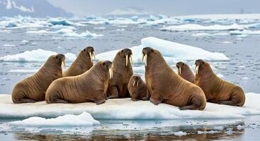 A Group of Walruses Interacting on an Ice Floe Some Resting Some Swimming and Some Vocalizing photo