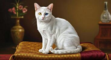 A white cat with blue eyes sitting on a chair photo