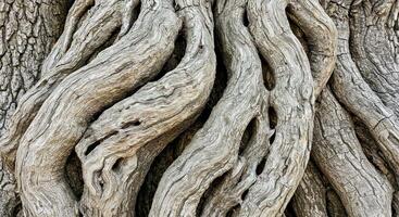 The trunk of a tree with twisted branches photo