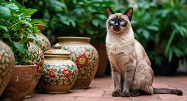 A siamese cat sitting in front of a bunch of pots photo